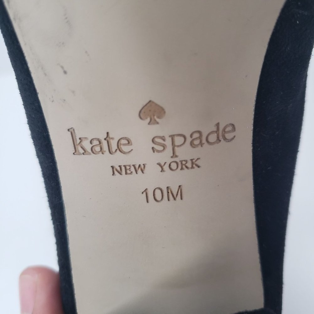 Kate Spade Kiltie Block Heel Pumps Sz 10 Black Suede Slip On Dressy Bow Heels - Picture 10 of 12